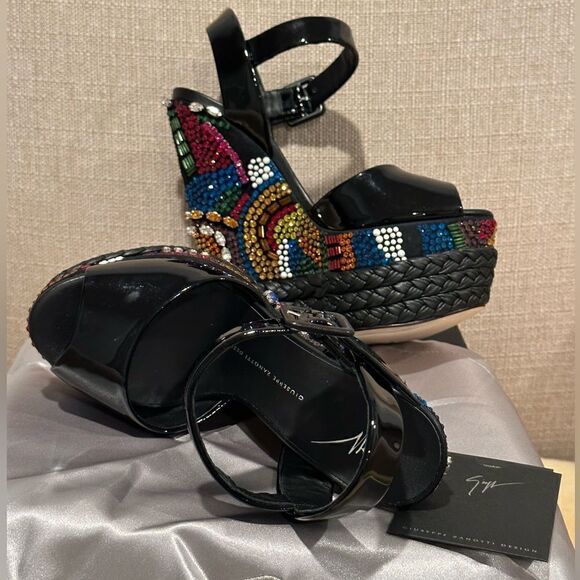 GIUSEPPE ZANOTTI LOLAS SAND, VERNICE NERO TOMAIA , LOVE & PEACE Wedge size EU 36 - Picture 12 of 15